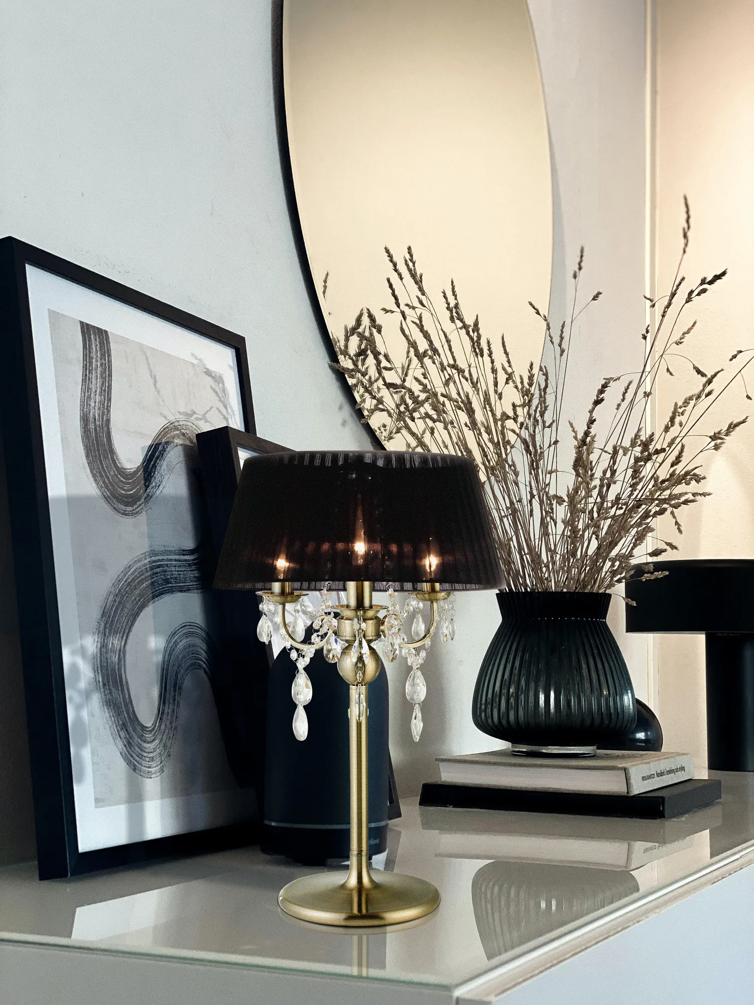 Olivia Antique Brass-Black Crystal Table Lamps Diyas Shaded Table Lamps